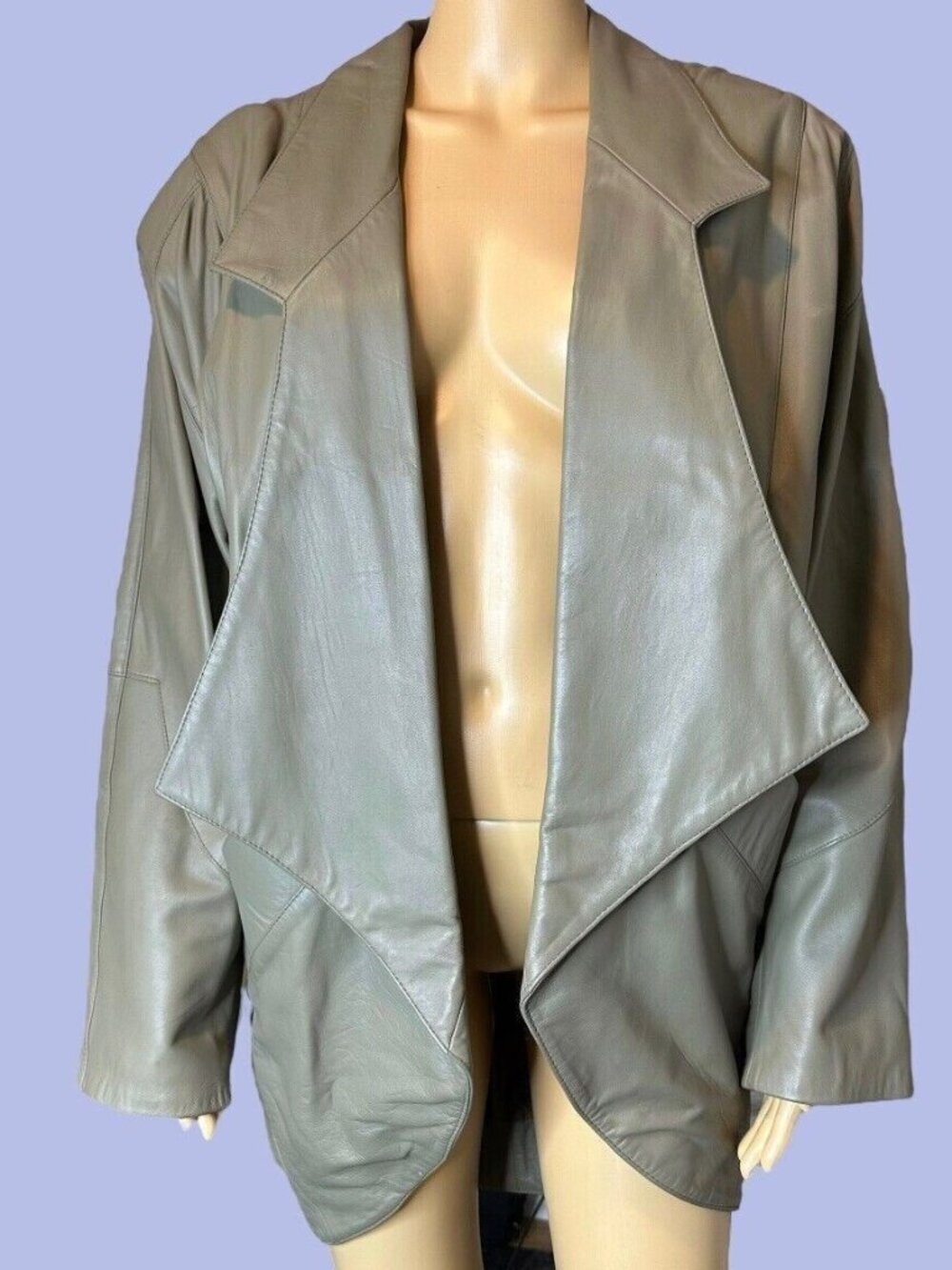 Vintage Prego 100% Leather Open Jacket Size XL Green Collared Padded Shoulders